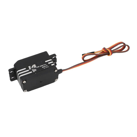 Hella Strong 14Kg High Torsion Digital Servo Motor Featuring Heavy Duty Copper Gears Delivers Smooth 180 Degree Rotation For RC Cars Trucks Crawlers And Rover Platforms, with wires visible.