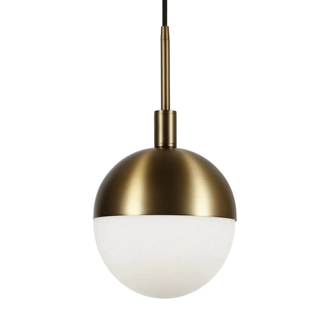 Eight Inch Wide Small Pendant Light With Glass Shade In Brass And White Milk Glass Perfect For Modern Kitchens And Compact Spaces