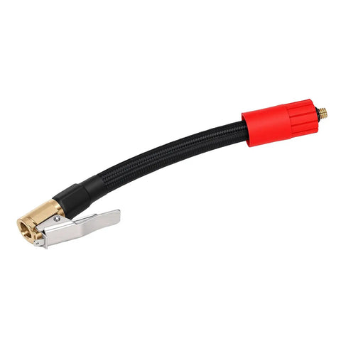 Heavy Duty Tire Inflator Extension Hose With Quick Connect Air Chuck Fits Car Motorcycle And Bike Easy Reach For Recessed Valves 16cm External Thread For Seamless Pump Up Jobs On Road Or Home Get Your Ride Road Ready Snappy Quick Fixes Done Now, black braided hose with brass chuck and red threaded connector