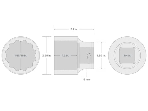 Technical drawing of 3/4 Inch Drive 1-15/16 Inch Shallow 12-Point Socket Chrome Finish With Large Readable Markings SHD32249 dimensions