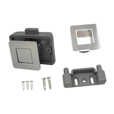 Push Button Latch Lock For Cabinets And Campers RVs Keyless Bright Chrome components with screws on white background