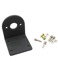 Black aluminum L-shaped motor mounting bracket with large circular shaft hole and four base holes; includes screws and nuts