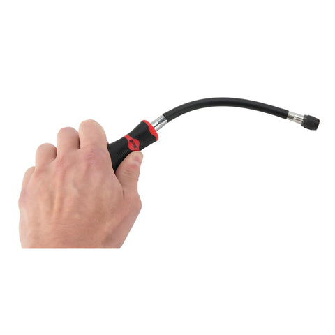 12 Inch 1/4 Inch Drive Flexible Bit Driver with Quick Release Bit Holder and Flex Shaft held in hand, showcasing its curved design.