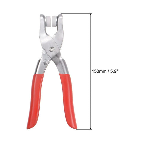 Universal Handheld Metal Snap Button Plier Kit For DIY Fabric Sewing Projects Pearl Snap Fasteners Tool Grab N Go Easy Install Ergonomic Non Slip Grip Lightweight Red shown front view with dimensions