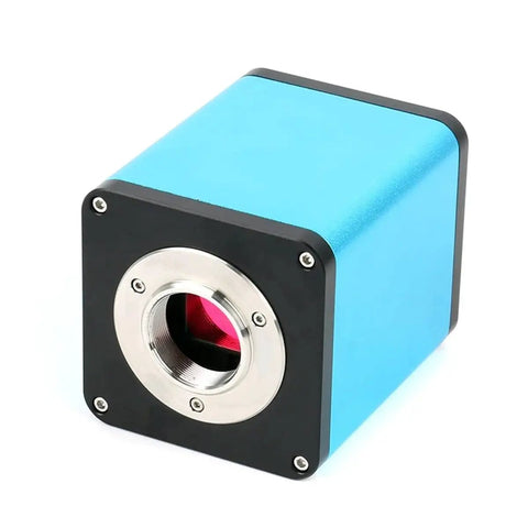HDMI Microscope Camera With IMX385 Sensor, Automatic Motorized Z Drive, 3D Stereo Zoom Up To 150X, C Mount Lens, Measuring Or Not Measuring Mode, Plug And Play Pro Grade Setup For Lab, Class, And DIY Microscope Work front view, blue metal housing, C-mount port