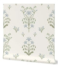 Premium Floral Meadow Wallcovering With A Subtle Matte Linen Texture Hits Different Across Every Room Built Tough For Busy Households Featuring No Sweat Paste To Paper Install, showcasing delicate blue and green floral patterns on a cream backdrop.