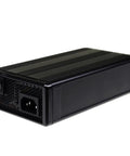 Heavy Duty Beast Battery Charger Adapter For Lead Acid And Lithium Banks Delivers Slick 360 Watt 12 Amp Output showing black metal housing and power switch.