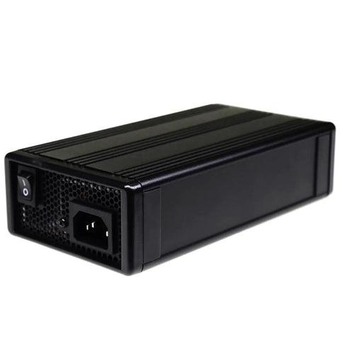 Heavy Duty Beast Battery Charger Adapter For Lead Acid And Lithium Banks Delivers Slick 360 Watt 12 Amp Output showing black metal housing and power switch.