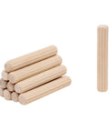 One Quarter Inch By One And A Half Inch Hardwood Dowel Pins, Straight Grooved With Beveled Ends, 100 Pack, stacked and individual view
