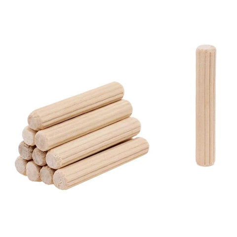 One Quarter Inch By One And A Half Inch Hardwood Dowel Pins, Straight Grooved With Beveled Ends, 100 Pack, stacked and individual view