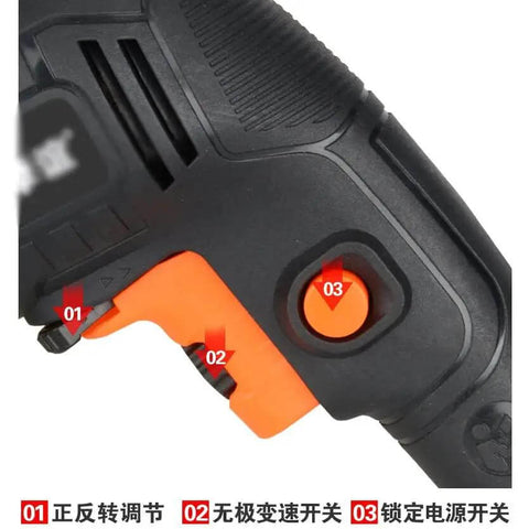 Pro Grade Hand Electric Drill Delivering Solid Punch Action And Sharp High Carbon Steel Bits Variable Speed Setting close-up of speed control settings.