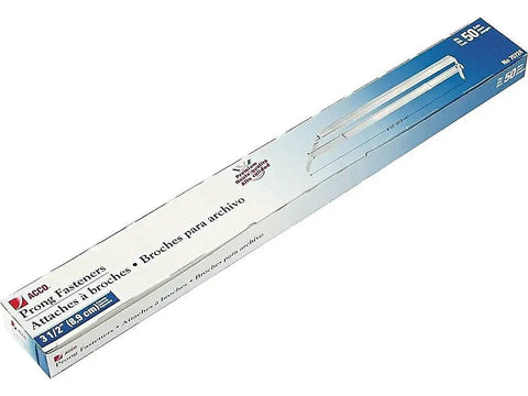 Top Notch Two Hole Prong Fastener Bulk 50 Pack With 3 1/2 Inch Capacity And 8 1/2 Inch Span in packaging showing slick matte finish.