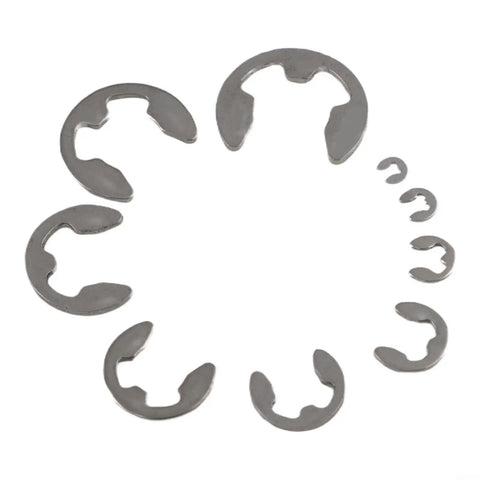 Heavy Duty 120PCS Stainless Steel E-Clip Assortment Set Featuring M1.5 To M10 External Retaining Rings displayed in a circular arrangement.