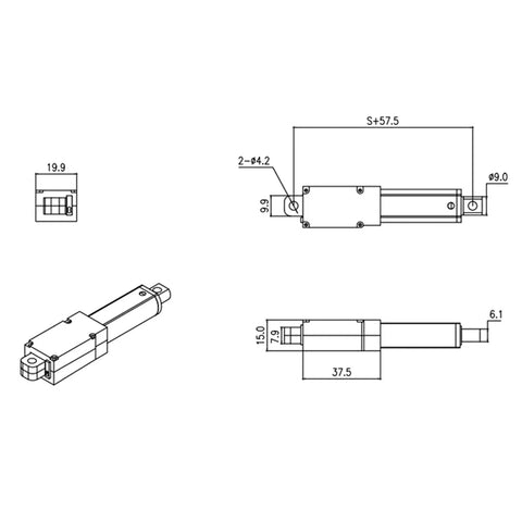 6 Inch Stroke Mini Electric Linear Actuator 12V DC With Built In Limit Switch For Sofa Massage Recliner Home Automation 20N 30mm Per Second Small Compact Actuator Plug And Play, technical drawing