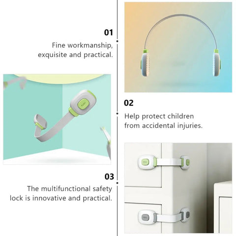 No Drill Kid Safe Cabinet Locks With Adhesive Backing 4 Pack One Hand Install for cabinets on drawers showing lock details