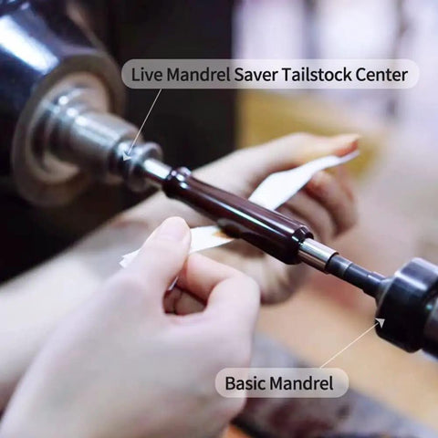 Pen Mandrel Bundle With Mandrel Saver 2MT for Woodturning Pens in use, illustrating bending-free pressure and auto length adaptation.