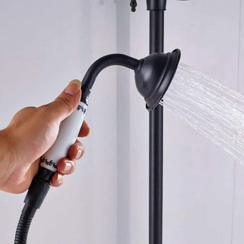 Handheld showerhead from UMJIGF Shower System with Hot and Cold Water Shower Combo Set Multifunction Double Handles Shower Faucet Set with Shower Head, Handheld Shower, Waterfall Tub Spout, Black Bronze.