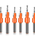 Premium Countersink Drill Bit Set For Woodworking And Timber Brings Legit Heavy Hitter Performance With A Sharp Three Pointed Edge Cut From Tough Carbon Steel To Sink Screws Fast Includes Six Must Have Sizes Plus A Solid Hex Key Wrench, showing six countersink bits with carbon steel tips.