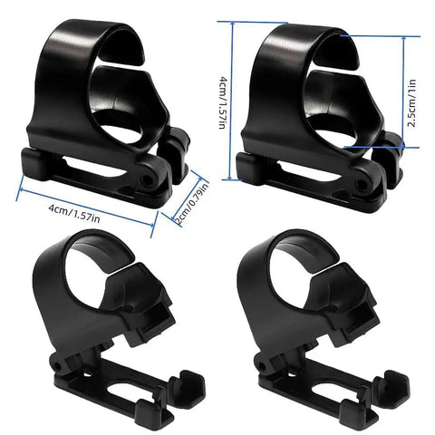 8 Pack Dope Snorkel Keeper Clips Set For Snorkeling And Scuba Gear in black plastic design with easy clip system dimensions shown