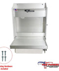 Made in USA Aluminum Work Station Organizer For Garages And Trailers, Compact Flip Out Tray Ten By Twelve Inch, Pre Drilled Mounting Holes With Hardware shown.