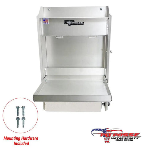 Made in USA Aluminum Work Station Organizer For Garages And Trailers, Compact Flip Out Tray Ten By Twelve Inch, Pre Drilled Mounting Holes With Hardware shown.