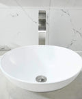 White Ceramic Vessel Sink With Faucet And Drain, Oval Above Counter Bathroom Basin, Modern Porcelain Vanity Sink