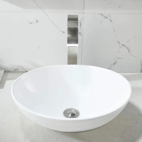 White Ceramic Vessel Sink With Faucet And Drain, Oval Above Counter Bathroom Basin, Modern Porcelain Vanity Sink