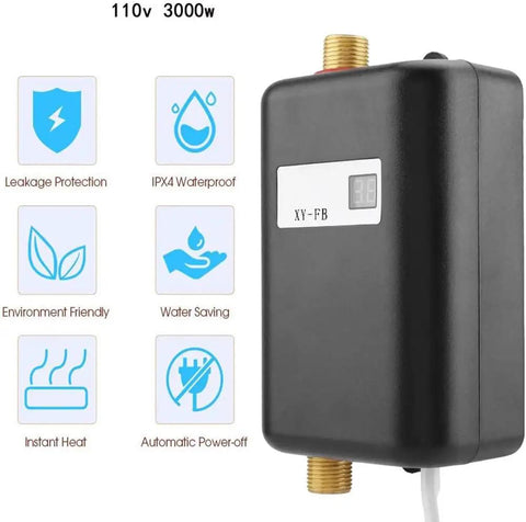 Instant 3000W Tankless Hot Water Heater 110V Mini Electric Water Heater For Sinks Bathrooms Kitchens And Laundry US Plug Black Compact