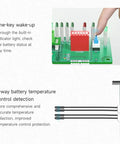Plug And Play Smart BMS Interface Board For Parallel Battery Banks And Inverter Hookup With RS485 CAN RS232 Ports And Hassle Free Bluetooth App Control For Residential Power Upgrades with battery status indicator and temperature sensors.