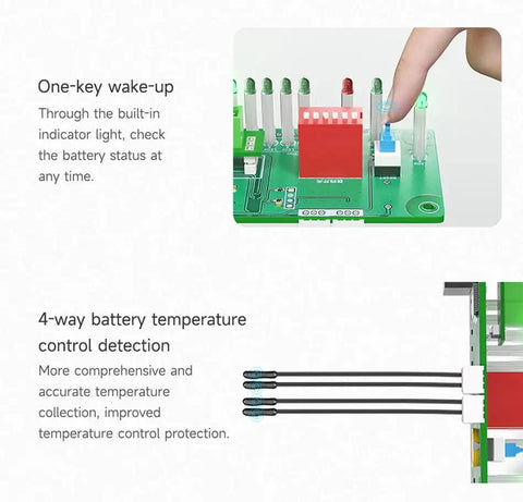 Plug And Play Smart BMS Interface Board For Parallel Battery Banks And Inverter Hookup With RS485 CAN RS232 Ports And Hassle Free Bluetooth App Control For Residential Power Upgrades with battery status indicator and temperature sensors.