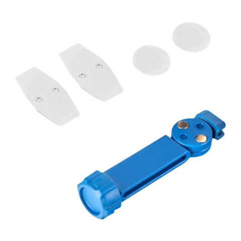 Blue bike brake pad spreader tool with round and square plates, part of the Bike Brake Pad Spreader Tool And Caliper Resetter For Hydraulic Disc Brakes Portable Piston Reset Kit For Road And Mountain Bikes Easy To Use No Brainer Maintenance Accessory Quick Piston Reset Durable Blue.