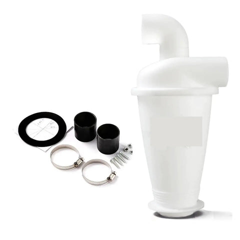 High Efficiency Vacuum Cyclone Dust Separator for DIY Workshops with fittings and seals, white plastic material, kit components shown.