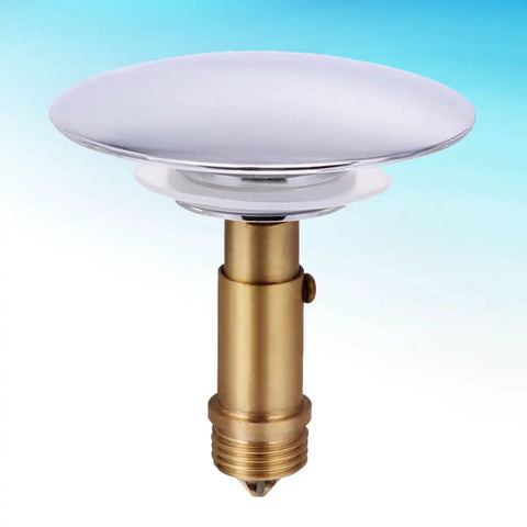 Pop up Drain Hole Water Stopper for Bathroom Sinks and Bathtubs, featuring a polished chrome top and gold fitting for durability.