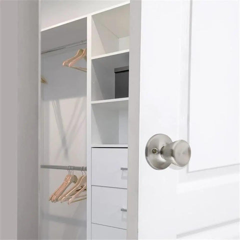 Tulip Style Dummy Doorknob Set, Satin Nickel Finish, 2 Pack, Flush Mount on white closet door, open closet interior view.