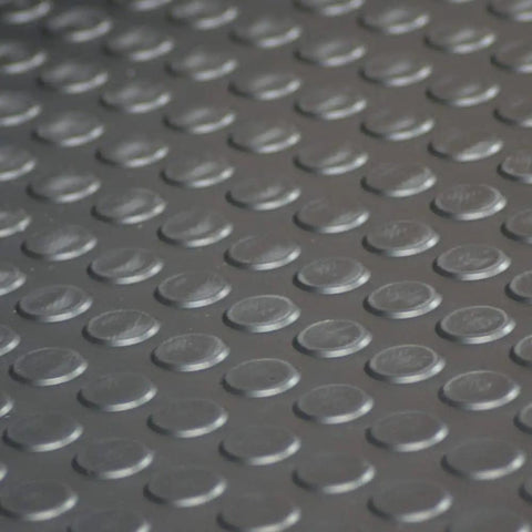 Close-up of dark gray coin pattern rubber flooring, 3.5mm thick, 36 inch by 10 foot sheet, no slip surface for garage and shop.