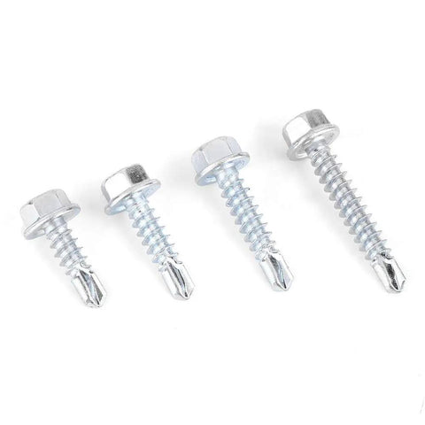 All In One Self Tapping Screw Kit 200 Piece Durable Zinc Iron Screws With Thread Storage Case close-up of four screws