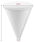 Close-up of paper funnel with dimensions, 60 Pack Disposable Engine Oil Funnels For Quick Oil Changes, 4.2 x 3.5 inches.
