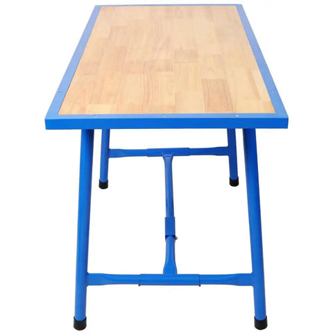 Heavy Duty Foldable Workbench Featuring Tough As Nails Steel Frame And Premium Wood Top, No Sweat Assembly For Garage Or Home Shop, 660 Lb Load Capacity, Blue, top view with hardwood surface.