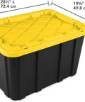 Six Pack Heavy Duty Stackable Industrial Totes Top Shelf Plastic Storage Bins With Secure Snap Lids Rock Solid Build For Garage Workshop And Warehouse Organization Black And Yellow, 28.5" L x 19.5" W x 15.5" H.