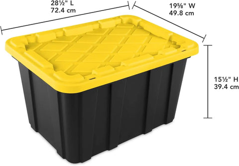 Six Pack Heavy Duty Stackable Industrial Totes Top Shelf Plastic Storage Bins With Secure Snap Lids Rock Solid Build For Garage Workshop And Warehouse Organization Black And Yellow, 28.5" L x 19.5" W x 15.5" H.