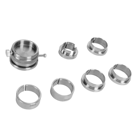 Stainless Steel Watch Movement Base Holder Kit With Precision Adjustment Tool components on white background.
