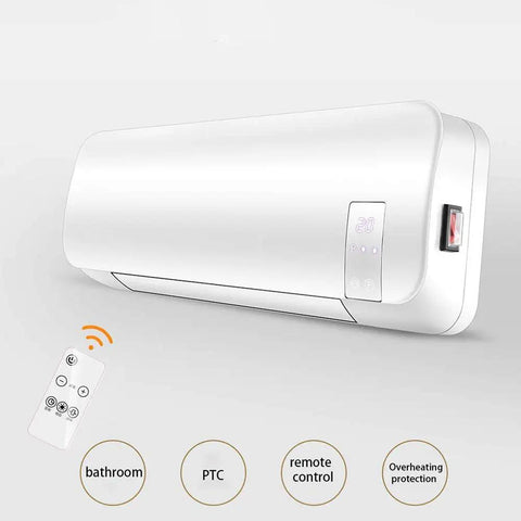 2000W Electric Space Heater Packed With PTC Ceramic Core And Smart Remote Timer For Bathrooms Or Bedrooms, showing remote control and display.