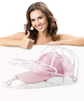 Three Pack Hat Washer Cage For Washing Machine And Dishwasher Cap Cleaner Frame holding pink baseball cap with secure double hook.