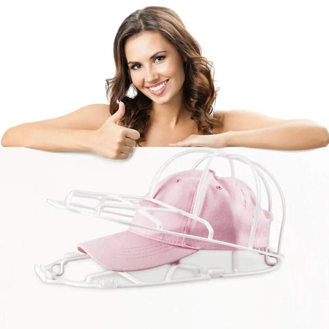 Three Pack Hat Washer Cage For Washing Machine And Dishwasher Cap Cleaner Frame holding pink baseball cap with secure double hook.