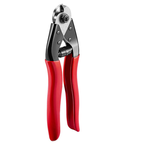 7.6 Inch Steel Wire Cutter One Hand Operation Cuts All Wires Up To 5/32 Inch Including Steel Cable Aircraft Cable Wire Rope Bike Cables Aluminum And Copper Wire Fence Cable Electrical Cables Great For DIY And Pro Use CC11, with red handles and sharp cutting blades, angled view