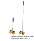 Glaeptio Dual 4in Rolling Measuring Wheel Accurate Distance Tool 0 to shown in extended and retracted positions with black handle.