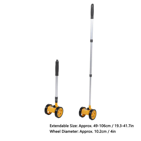 Glaeptio Dual 4in Rolling Measuring Wheel Accurate Distance Tool 0 to shown in extended and retracted positions with black handle.
