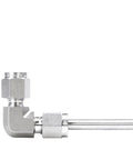 90 Degree Elbow Pipe Fitting 1/16 To 1 Inch Tube OD Compression Union In SUS316L Stainless Steel, side view with tubing connected