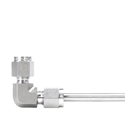 90 Degree Elbow Pipe Fitting 1/16 To 1 Inch Tube OD Compression Union In SUS316L Stainless Steel, side view with tubing connected