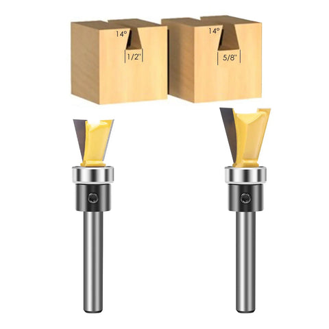 Weekend Warrior Approved Dovetail Router Bit Set Two Piece Pack with quarter inch shank and 14-degree cutting heads.